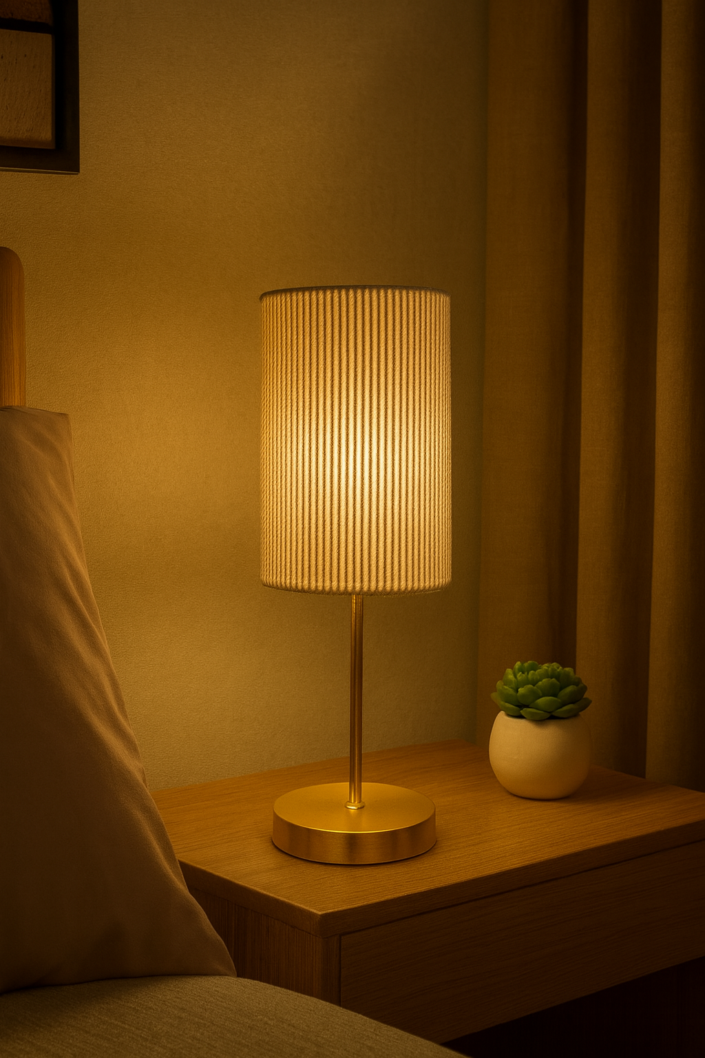 White Cylindrical Rope Table Lamp with Gold Base