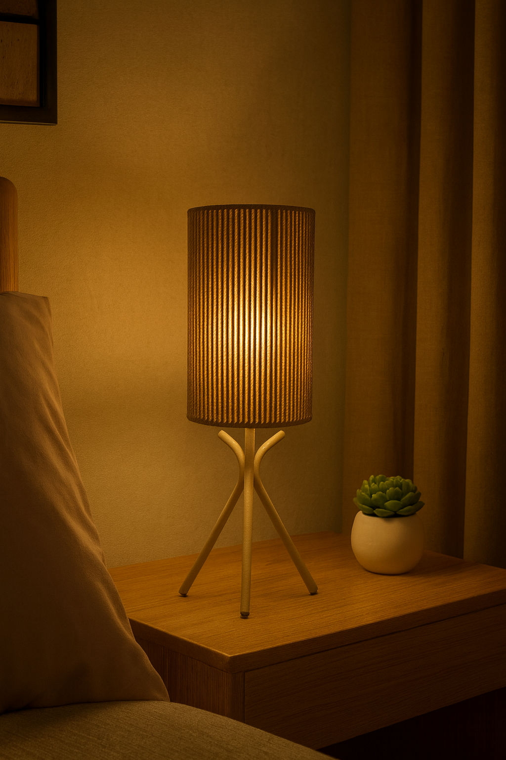 Beige Cylindrical Rope Table Lamp with Tripod Base