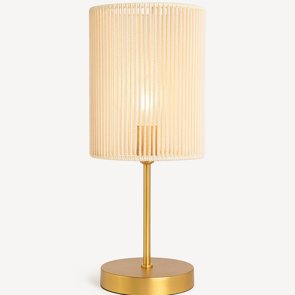 White Cylindrical Rope Table Lamp with Gold Base